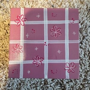 Pink and White Floral Plaid wooden trinket  jewelry storage box
